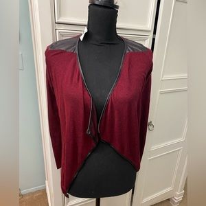 Love J NWT Cardigan Burgundy Size Medium Open Front Faux Black Leather Trim